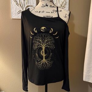 Black Asymmetrical Long Sleeve Top with Gold Tree Design